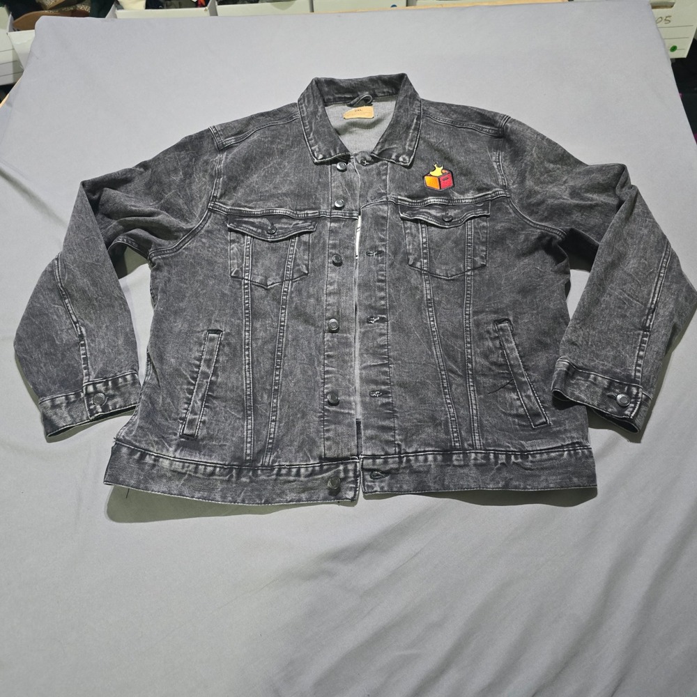 Threadfast Denim Jacket Mens 2XL Black Acid Wash Flaming Box Patch Trucker